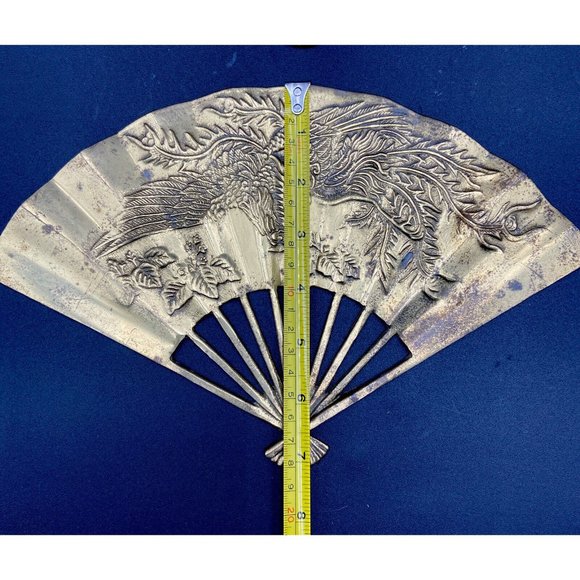 2 Vintage Solid Brass Oriental Style Hand Fan Phoenix Dragon Wall Decor 7”x11” - Picture 4 of 5